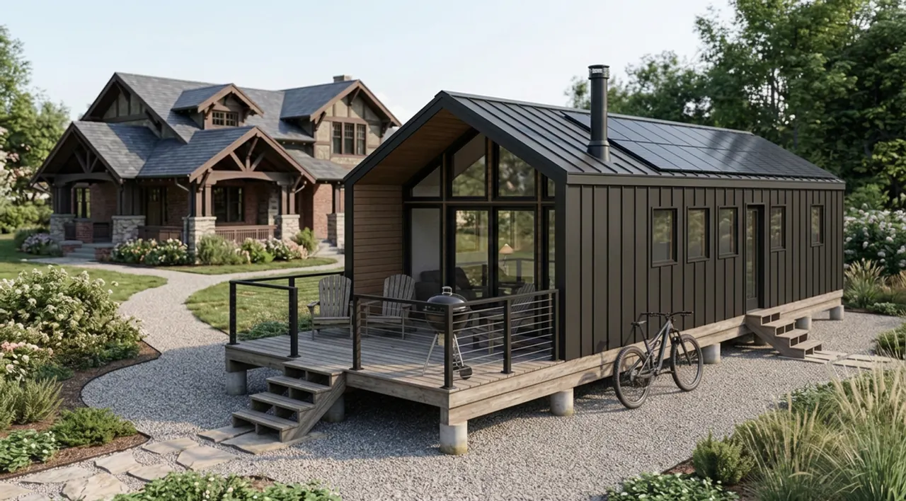 A black OGC 500 cabin with a solar roof and wood deck in the garden beside a craftsman house