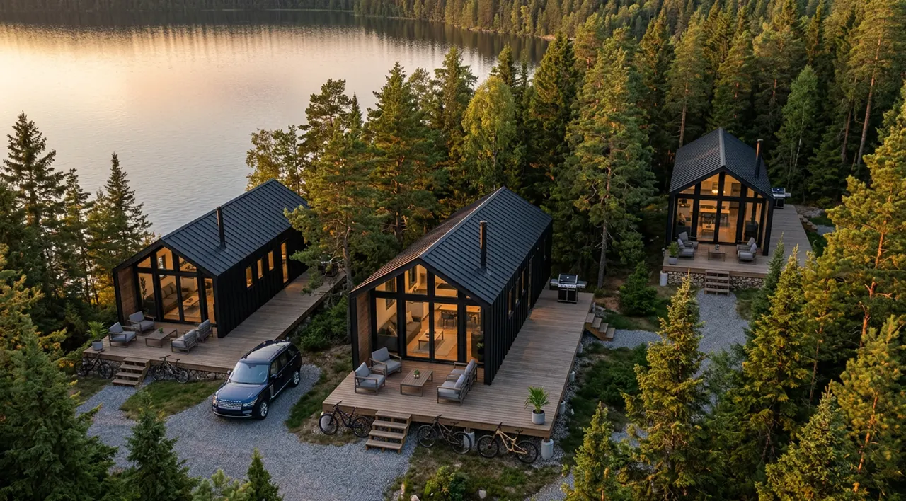Three black cabins on wooden decks beside a forested lake at sunset