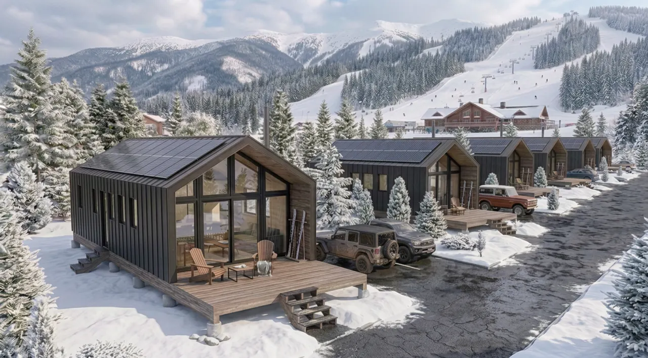Black cabins with solar roofs in a snowy mountain village